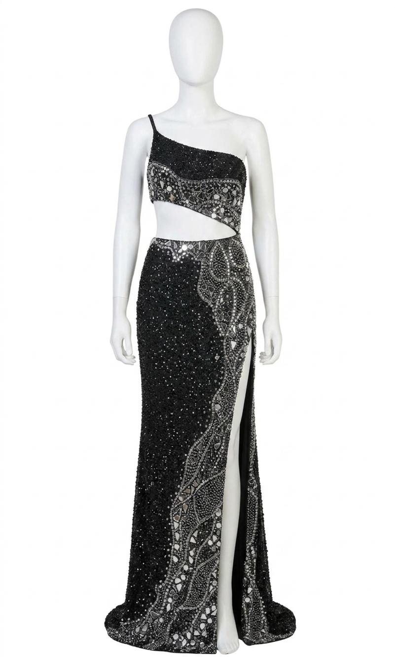 NEW RACHEL ALLAN the veronica gown: long formal prom dress in black/silver